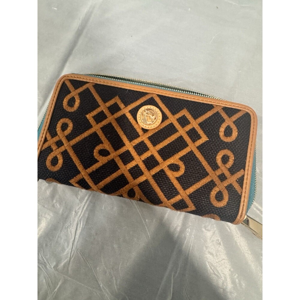 Spartina 449 Zip Around Wallet Linen Leather Brown Blue Pattern Read - Picture 2 of 7